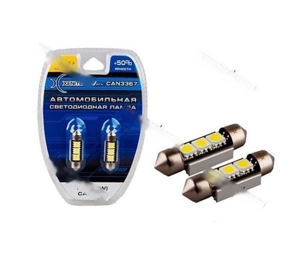 Лампа светодиод 12V SV8.5 Т11х36 Xenite Can3367 3SMD 60LM белая 2шт
