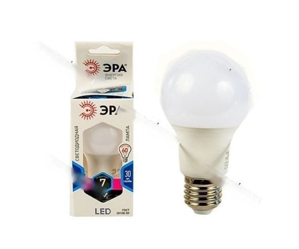Лампа светодиодная ЭРА LED smd A60-7w-840-E27 нейтральный белый свет