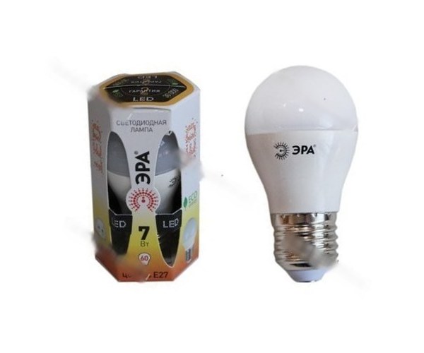 Лампа светодиодная ЭРА LED smd P45-7w-827-E27 мягкий желтый свет