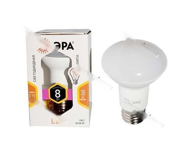 Лампа светодиодная ЭРА LED smd R63-8w-827-E27 мягкий желтый свет