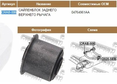 Сайлентблок рычага CHRYSLER SEBRING/CIRRUS/STRATUS 04- зад.подв.
