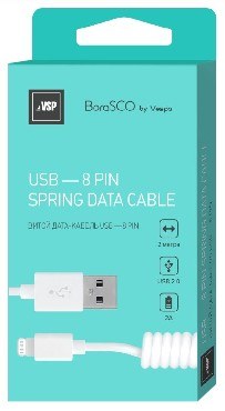 Дата-кабель BORASCO USB - 8 pin, 2А, 2м, витой белый (20548)