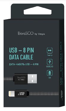BORASCO Дата-кабель USB - 8 Pin 3А 1М в нейлоновой оплетке черный (34451)