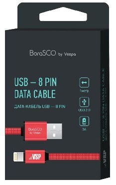 Дата-кабель BORASCO Дата-кабель USB - 8 Pin 3А 1М в нейлоновой оплетке красный (34450)