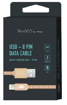 Дата-кабель BORASCO USB - 8 PIN, 3А, 1м, в нейлоновой оплетке золотой (34449)