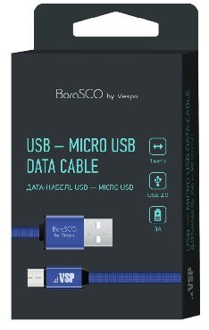 BORASCO Дата-кабель USB - microUSB 3А 1М в нейлоновой оплетке синий (34454)