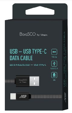 BORASCO Дата-кабель USB - TYPE-C 3А 1М в нейлоновой оплетке черный (34413)