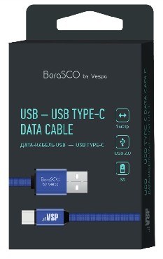 BORASCO Дата-кабель USB - TYPE-C 3А 1М в нейлоновой оплетке синий (34414)