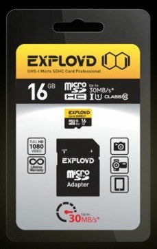Карта памяти EXPLOYD MicroSDHC 16GB Class10 + адаптер SD UHS-1 30 MB/s