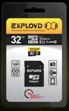 Карта памяти EXPLOYD MicroSDHC 32GB Class10 + адаптер SD UHS-1 30 MB/S