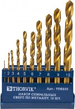 THORVIK TDBS10 Набор спиральных сверл по металлу HSS TiN в пластиковом кейсе, d1.0-10.0 мм, 10 предм