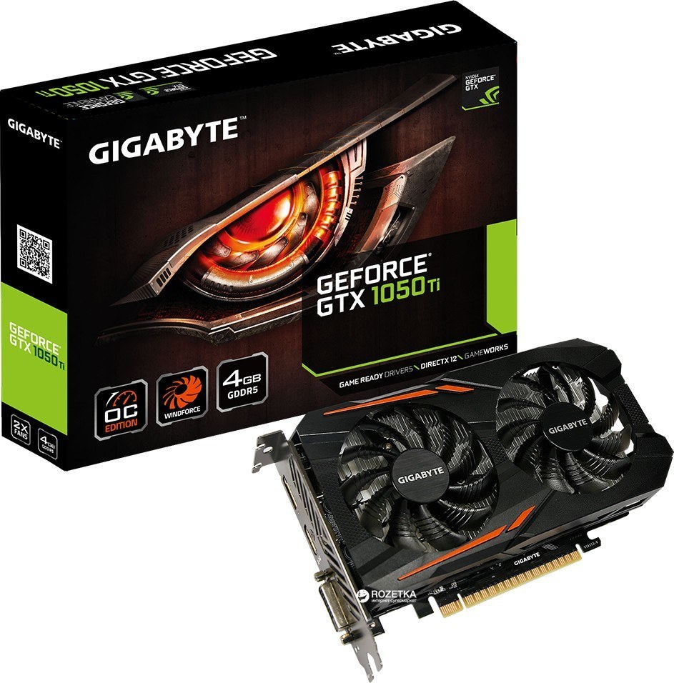 GIGABYTE nVidia GeForce GTX 1050TI , GV-N105TOC-4GD, 4ГБ, GDDR5, OC