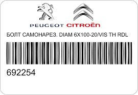 Болт самонарез. DIAM 6X100-20 CITROEN/PEUGEOT 692254