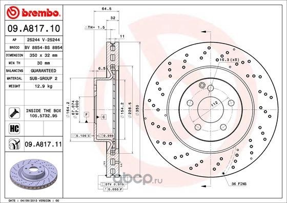 Диск тормозной передний перфорированный MB CL-216 06-14/E-211 02-11/S221 05-13/SL230 99-12 BREMBO 09.A817.11