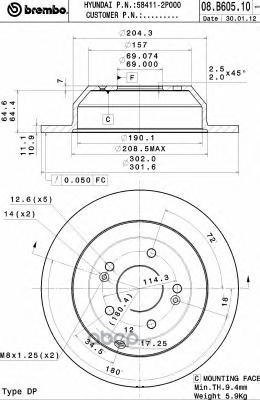 Диск тормозной задний HYUNDAI SANTA FE 12->/KIA SORENTO 10-> /D=302MM BREMBO 08.B605.10