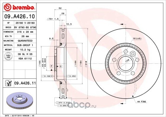 Диск тормозной передний FORD/LAND ROVER/VOLVO ALL 06-> /VENT D=316MM BREMBO 09.A426.11