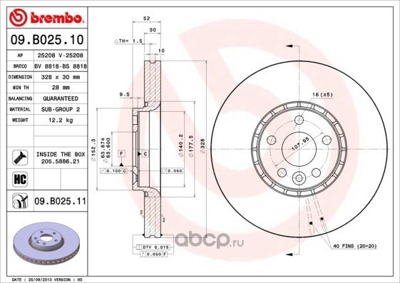 Диск тормозной передний VOLVO XC60 ALL 08-> /VENT. D=328MM BREMBO 09.B025.11