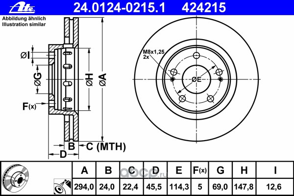 Диск тормозной передний CITROEN C-CROS./ MITSUBISHI/PEUGEOT 03->/D=294MM ATE 24.0124-0215.1