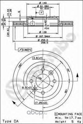 Диск тормозной передний RENAULT/NISSAN/LADA LARGUS без ABS/D=259MM BREMBO 09.5802.24