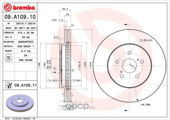 Диск тормозной передний LEXUS RX-330 BREMBO 09.A109.11