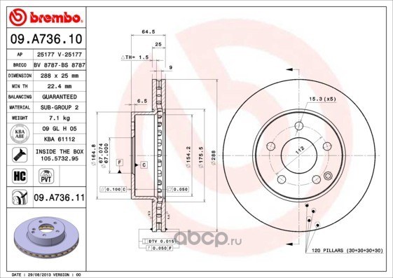 Диск тормозной передний MB W204 180C/180GDI/200CDI 07-> /Vent D=288mm BREMBO 09.A736.11