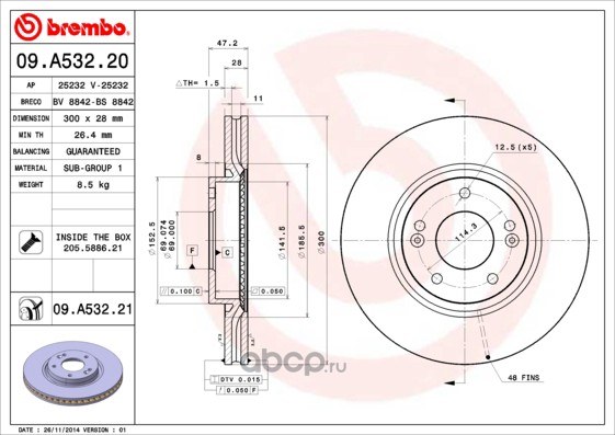 Диск тормозной передний HYUNDAI I30 II/GRANDEUR/VELOSTER /VENT D=300MM BREMBO 09.A532.20