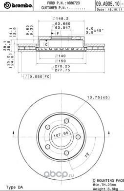 Диск тормозной передний FORD FOCUS 2/VOLVO BREMBO 09.A905.10