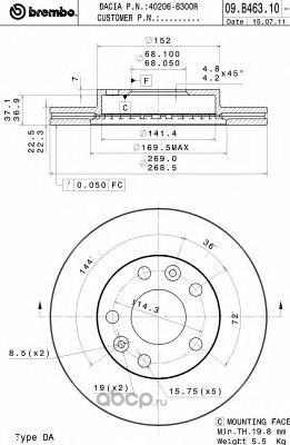 Диск тормозной передний RENAULT DUSTER ABS-/VENT D=269MM BREMBO 09.B463.10