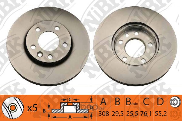 Диск тормозной передний VW TOUAREG/T5/MULTIVAN ALL 03-> /VENT.D=308MM NIBK RN1316