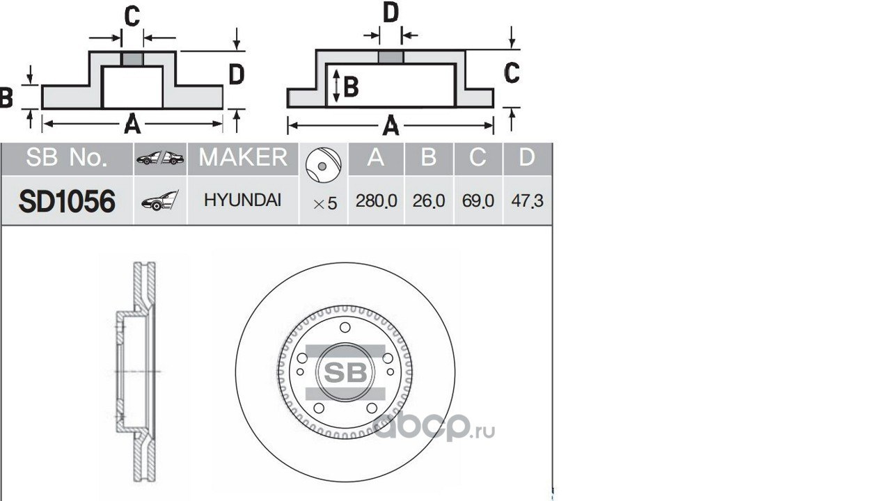 Диск тормозной передний HYUNDAI TUCSON/SONATA/ELANTRA SANGSIN BRAKE SD1056