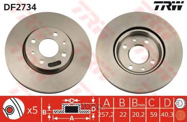 Диск тормозной передний FIAT DOBLO 01-> EXCL.1.2L/BRAVO II/500C 09-> TRW DF2734