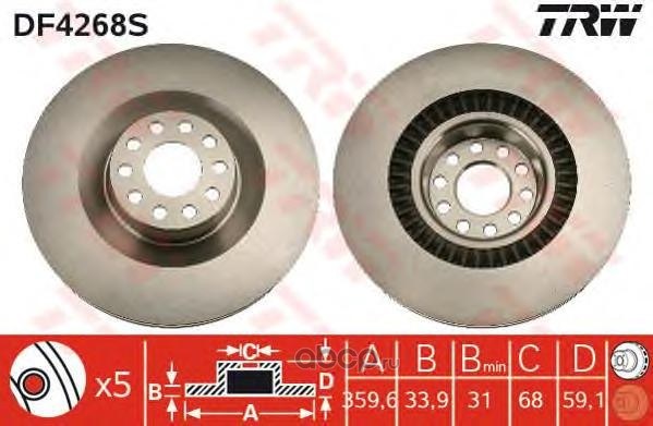 Диск тормозной передний AUDI A8/VW PHAETON ALL 3.0…4.2L+TDI 02-10 /D=360MM TRW DF4268S
