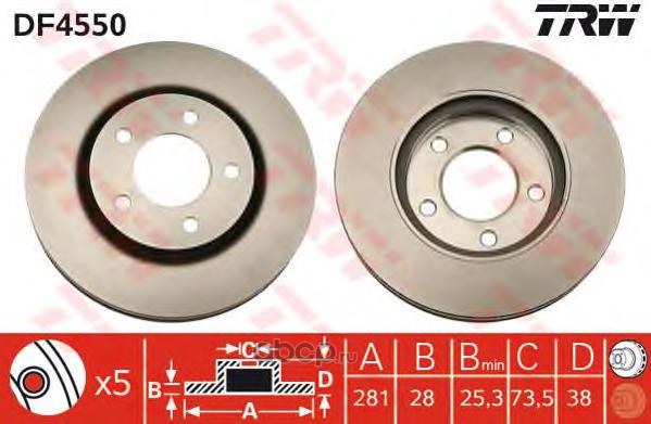 Диск тормозной передний DODGE CARAVAN/CHRYSLER VOYAGER 00-> /VENT.D=281MM TRW DF4550