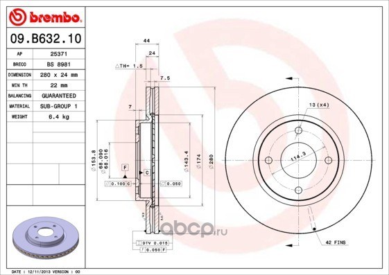 Диск тормозной передний NISSAN TIIDA/CUBE /VENT.D=280MM BREMBO 09.B632.10