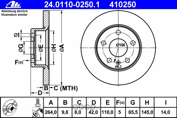 Диск тормозной задний OPEL Astra G/H/Meriva A/ Zafira B /D=264mm ATE 24.0110-0250.1