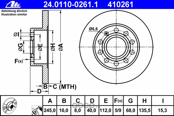 Диск тормозной задний AUDI 80(S2)/A4 1.6…3.2FSI+TDI 00-08 /D=245mm ATE 24.0110-0261.1