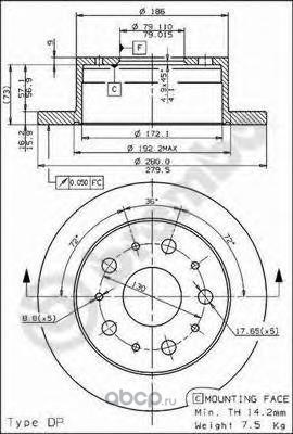 Диск тормозной задний CITROEN/FIAT/PEUGEOT ALL BUS 94-> /D=280MM BREMBO 08.8094.40