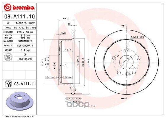 Диск тормозной задний LEXUS RX300/RX330/RX350/RX400H BREMBO 08.A111.11