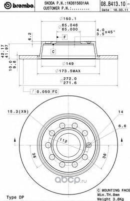 Диск тормозной задний BREMBO 08.B413.11