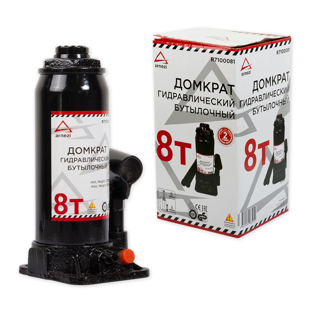 Домкрат гидравлический бутылочный 8т 230-457 мм ARNEZI R7100081