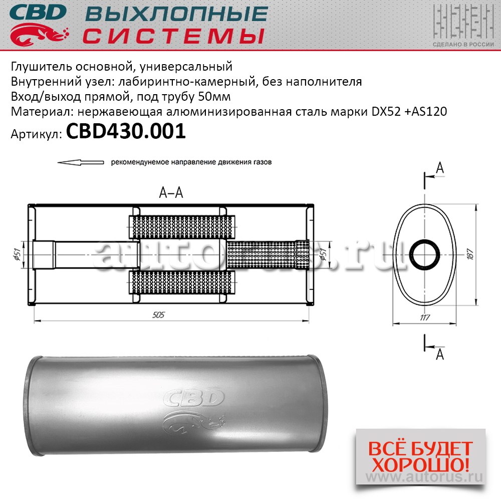 Глушитель Нержавеющий. Овал D187x117, L505. Отверстия с разных сторон по центру (1:1) под трубу 51мм CBD CBD430.001