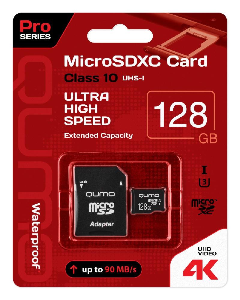 Карта памяти MicroSDXC 128 GB 90/70 МБ/с UHSI U3, Pro seria 3.0 QUMO 24627