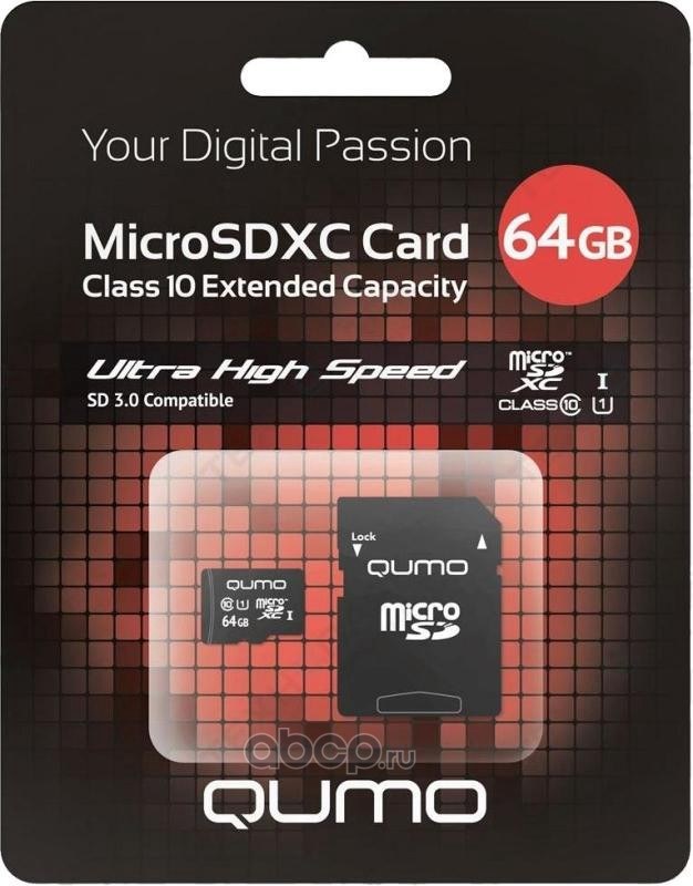 Карта памяти MicroSDXC 64GB 90/45 МБ/с UHSI U3, Pro seria 3.0 с адаптером SD QUMO 24628