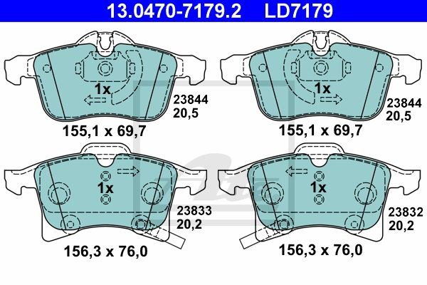 Колодки передние OPEL Astra H/Corsa D/Zafira B/155.4x70.6/t=20.3mm ATE 13.0470-7179.2