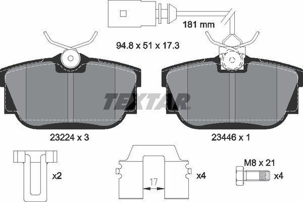 Колодки задние с противошумной пластиной Q+ VW T4/Sharan 96-08 / 1датчик TEXTAR 2322416