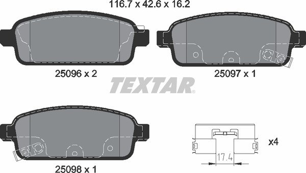Колодки задние с противошумной пластиной Q+ CHEVROLET Cruze 09- (R15) TEXTAR 2509602