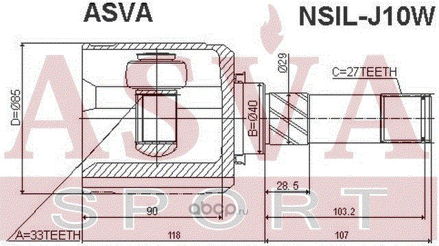 ШРУС внутренний левый 33x40x27 NISSAN QASHQAI (J10E) ASVA NSIL-J10W