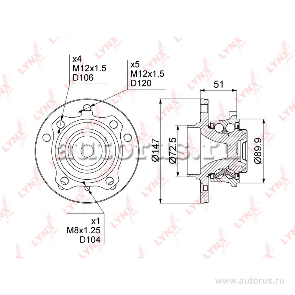 Ступица передняя в сборе L=R BMW 1-E81/82/87/88 3-E90/91/92/93 X1-E84 Z4-E89 LYNXauto WH-1238