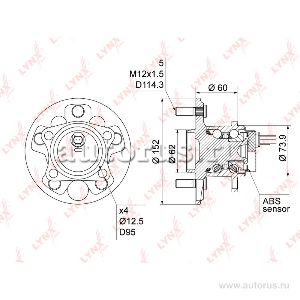 Ступица задняя в сборе L=R TOYOTA Auris 07->/Corolla 06-> LYNXauto WH-1042