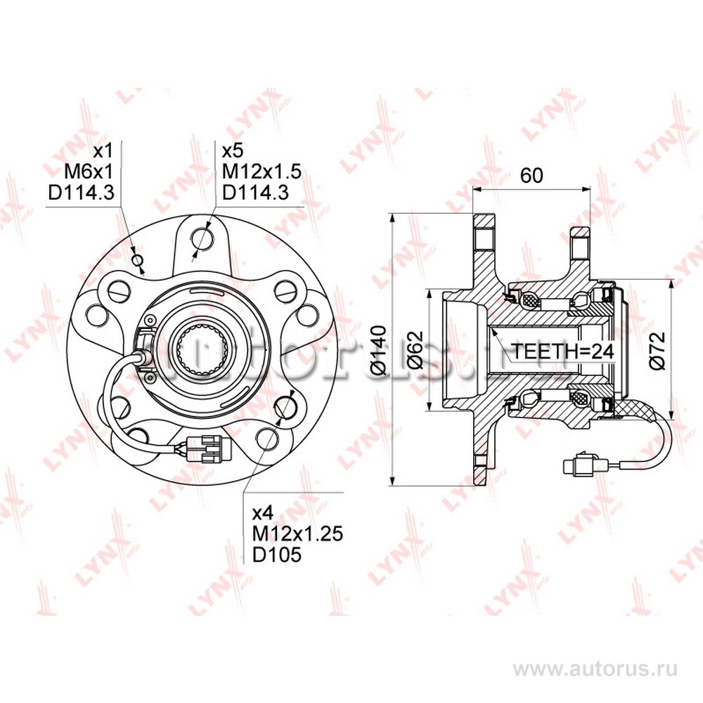 Ступица задняя в сборе L=R FIAT Sedici/SUZUKI SX4 06-> ABS+ LYNXauto WH-1022